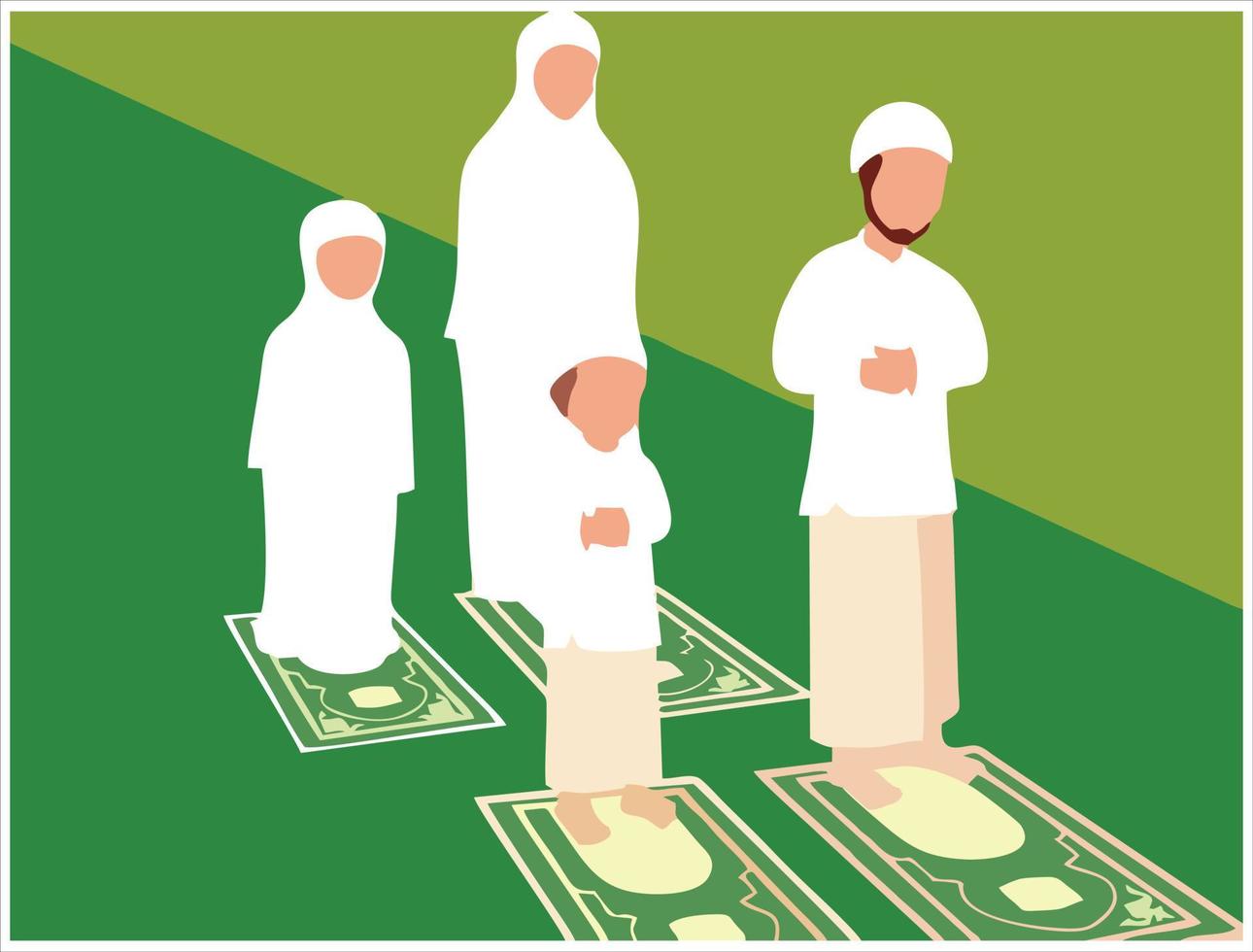 illustration of praying together with family. The father is the imam and the family members are the makmum. Private prayer room at home. Religious wallpapers vector