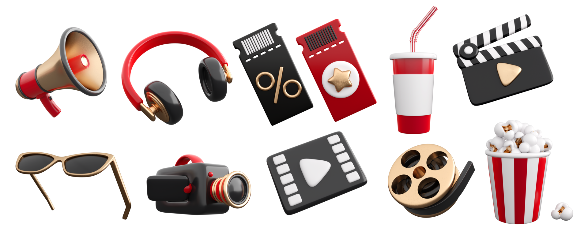 3d set of cinema, movie, theatre, video and audio icons. Trendy glossy plastic design elements. High quality isolated render png