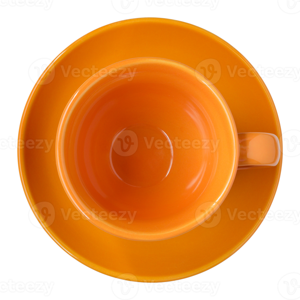 vue de dessus de tasse et soucoupe orange vide isolée avec chemin de détourage pour maquette png