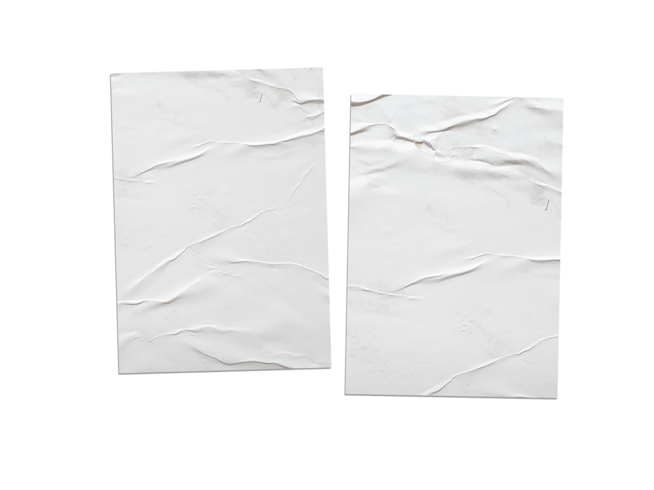 Two White Crumpled Posters on Transparent Background png