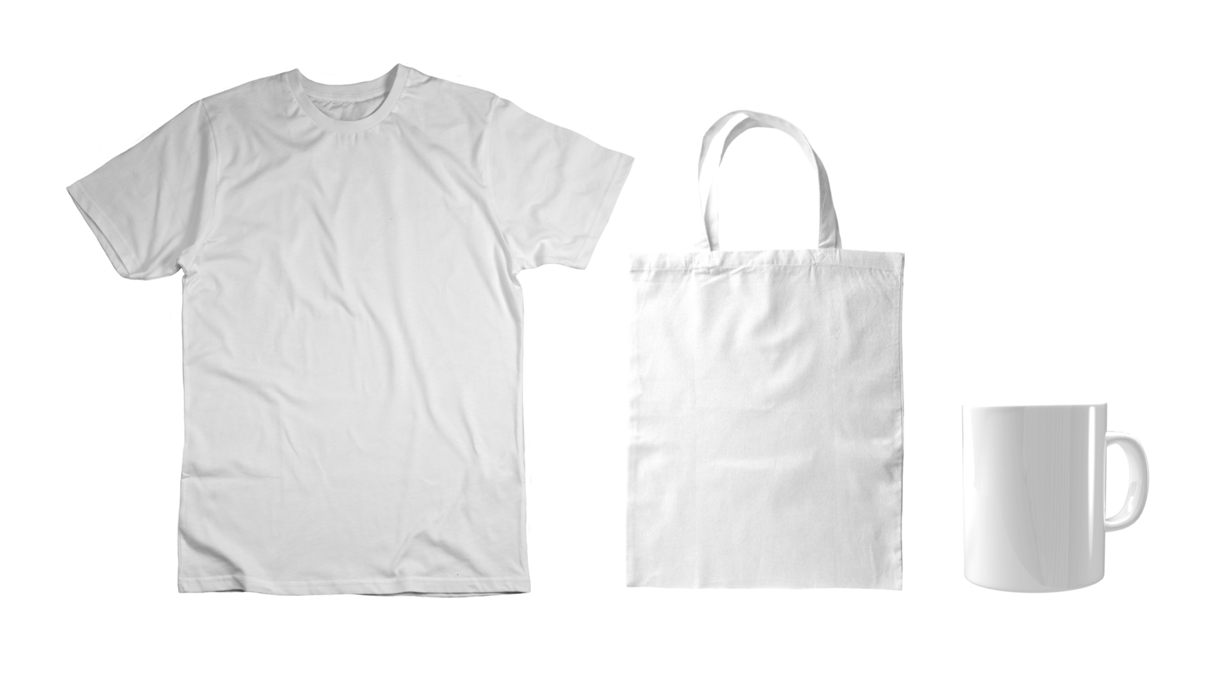 Set of White T-Shirt, Tote Bag and Mug on Transparent Background png