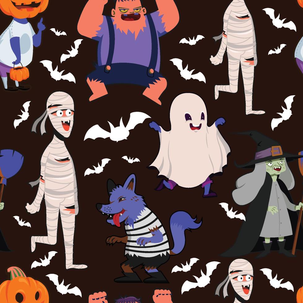 Halloween pattern cartoon characters sketch vector