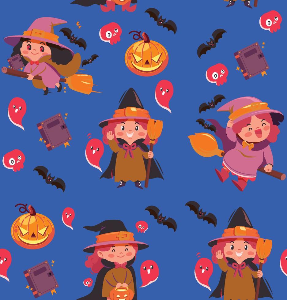 Cute Halloween pumpkin and witch seamless pattern vector