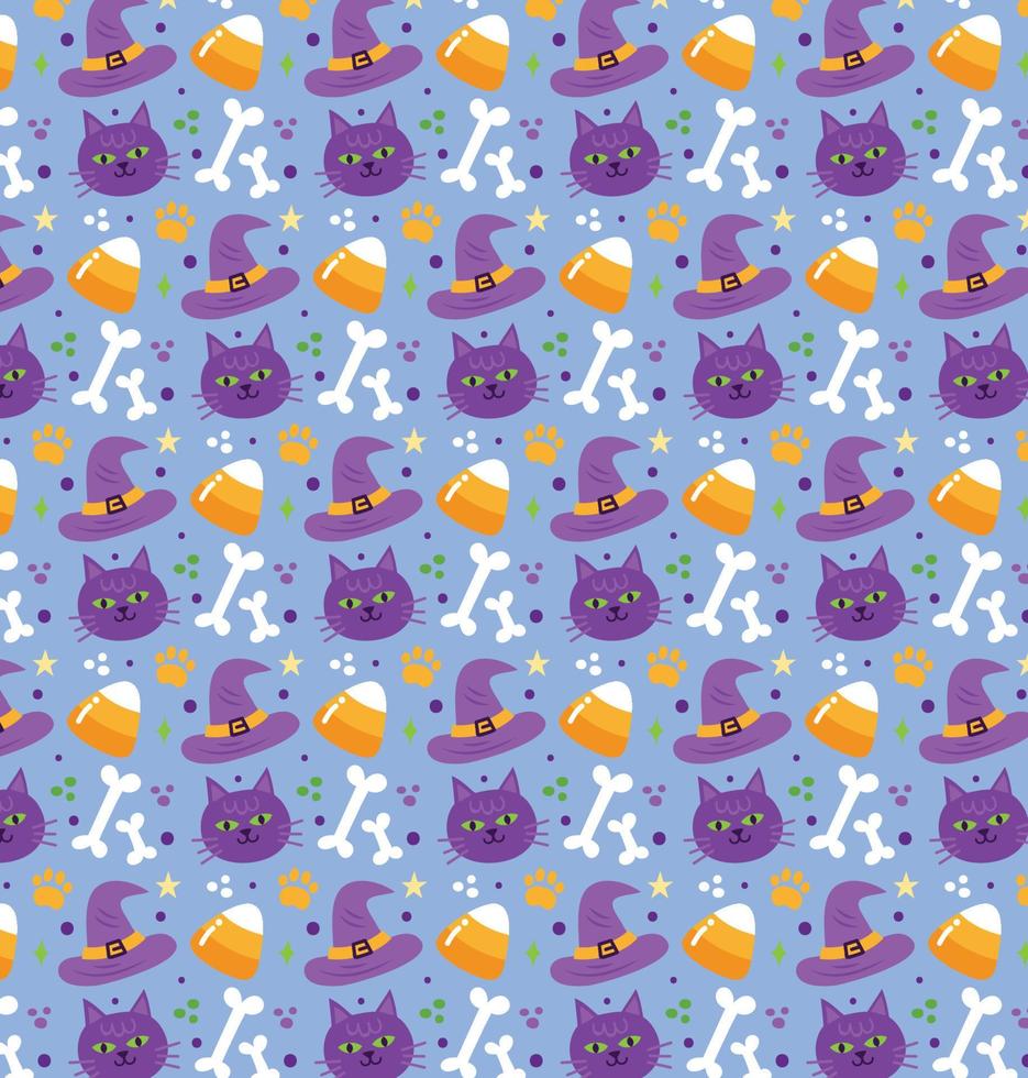 Halloween seamless pattern with cat faces and witch hats vector