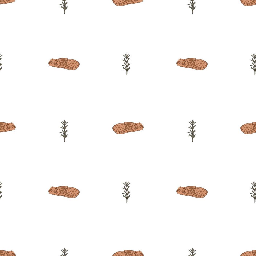 Seamless Pattern With Salmon Slices And Rosemary. Flat Hand Drawn Vector Illustration. Sea food.
