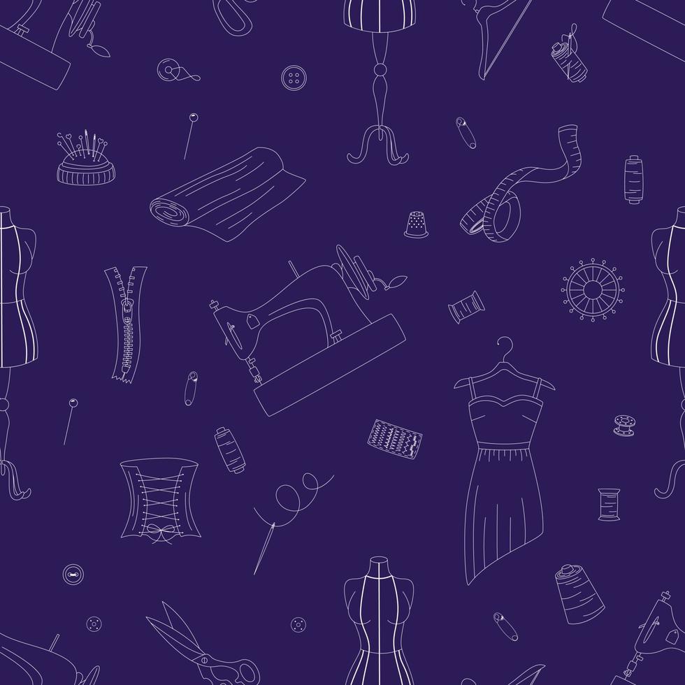 Seamless Pattern With Sewing Elements. Sewing Machines, Dresses, Buttons, Scissors, Needles vector