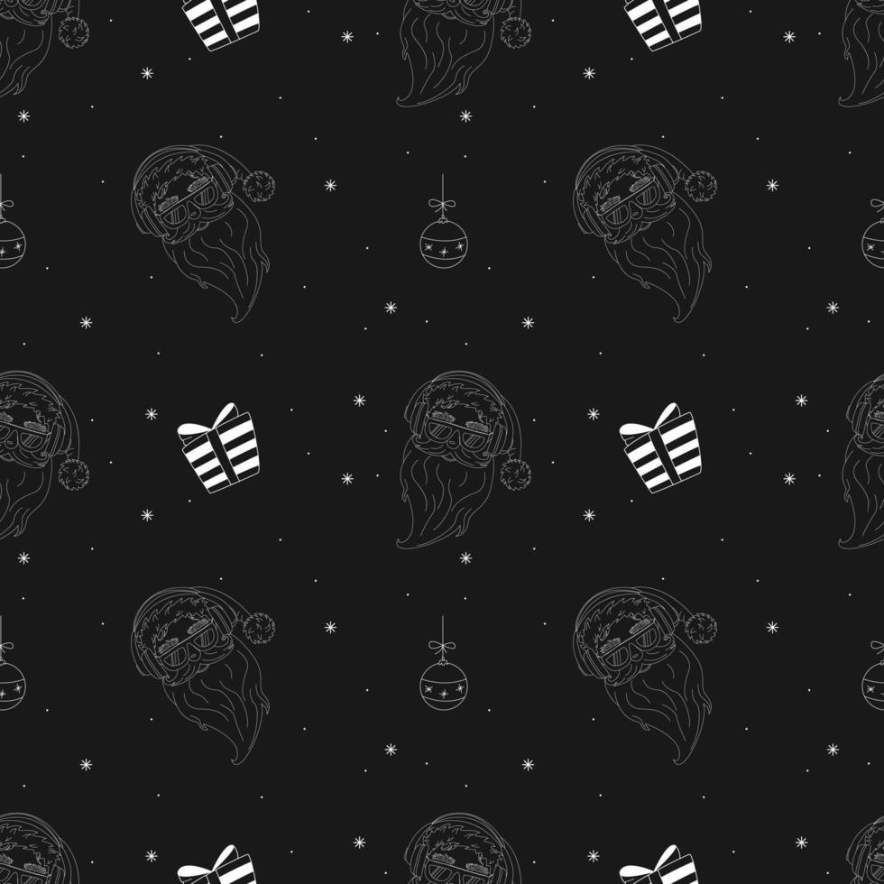 Seamless Pattern With Santa Claus Wearing Glasses And Headphones On a Black Background. Flat Vector Illustration.