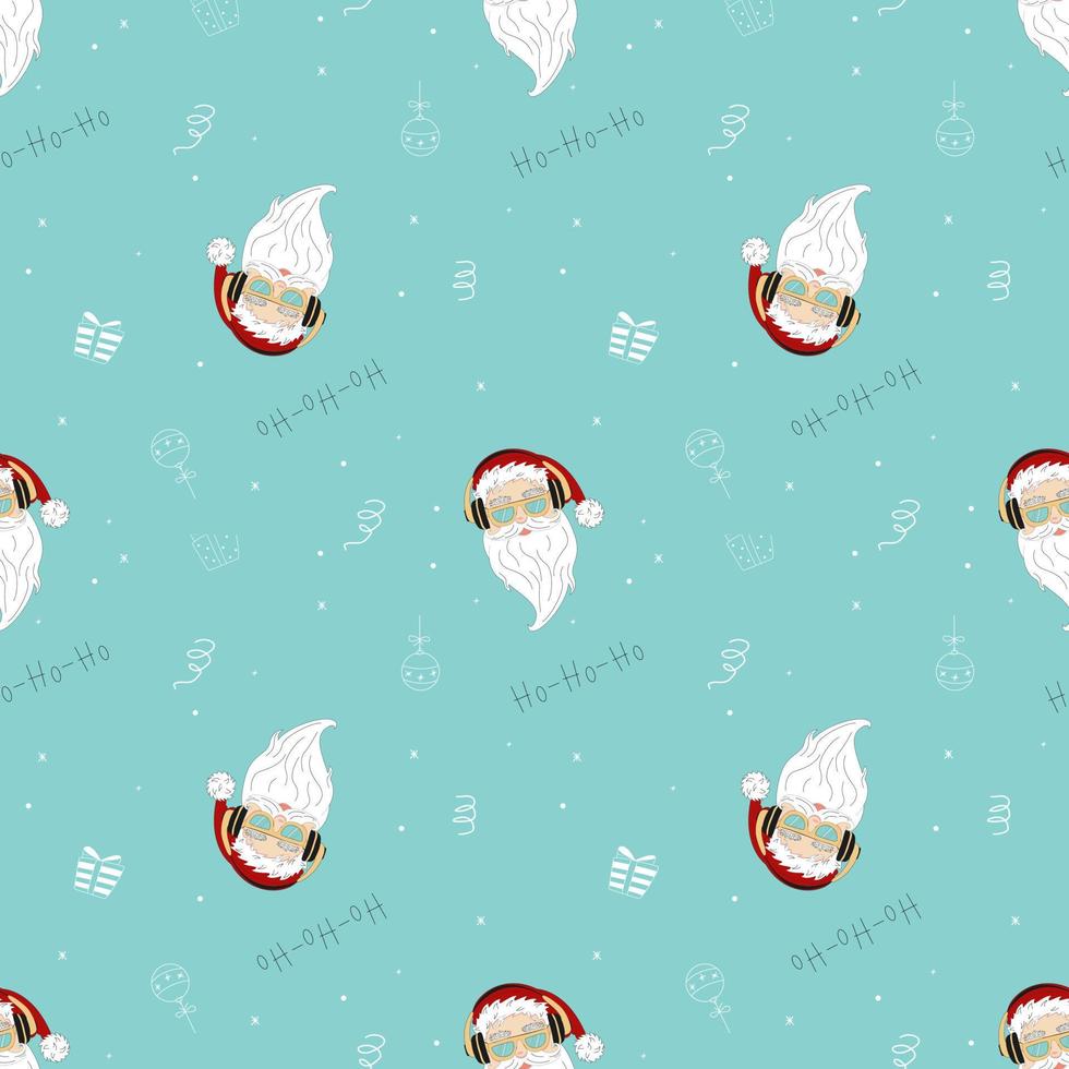 Seamless Pattern With Santa Claus Wearing Glasses And Headphones. Flat Vector Illustration.