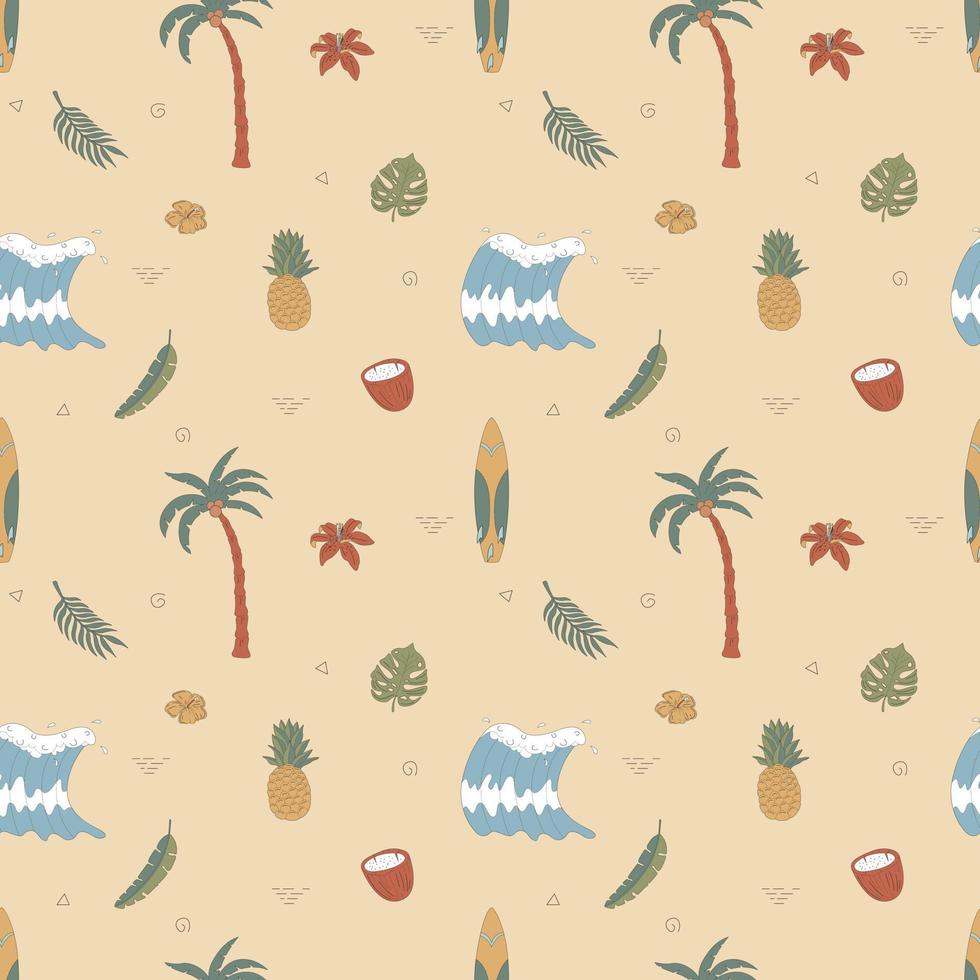 Seamless Pattern With Hand Drawn Elements With a Surf Theme. Wave, Surf, Palm Trees And More. vector