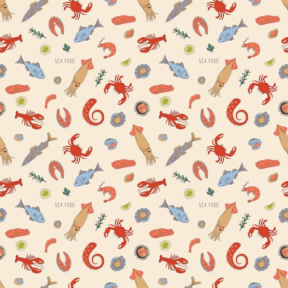 Seamless Pattern With Marine Animals. For Printing On Menus, Fish Restaurants, Packaging. Sea food. vector