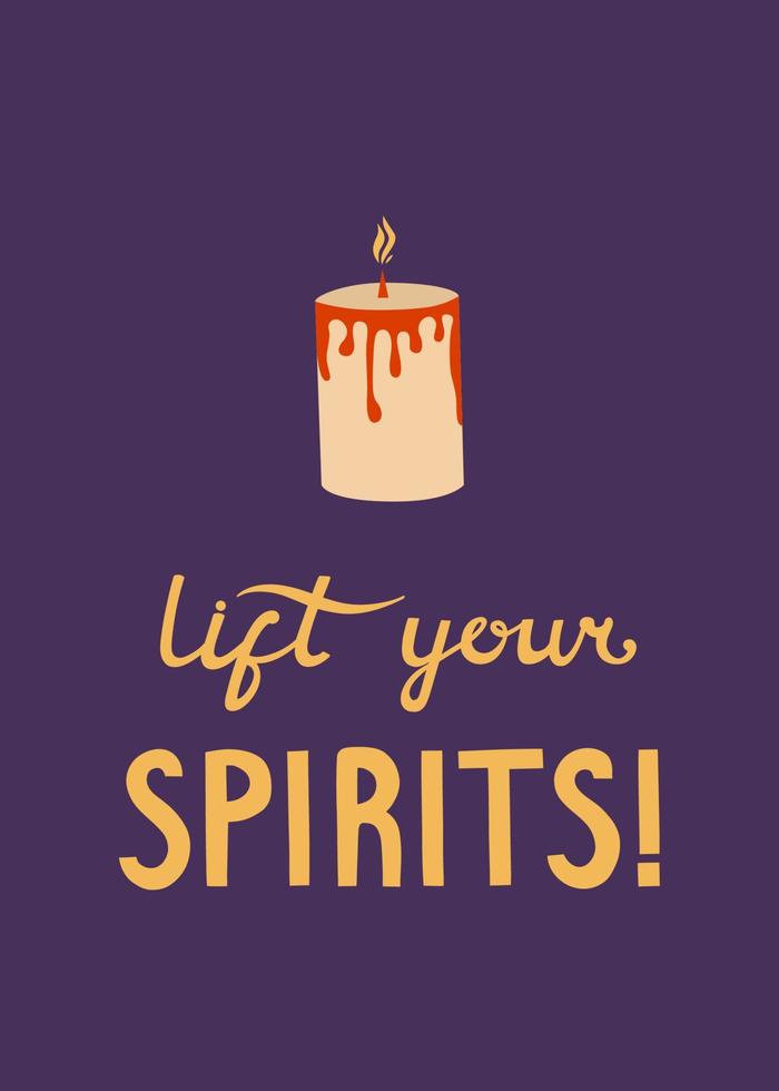 Lift your spirits vector greeting card design with candle. Halloween mystic card design on dark background