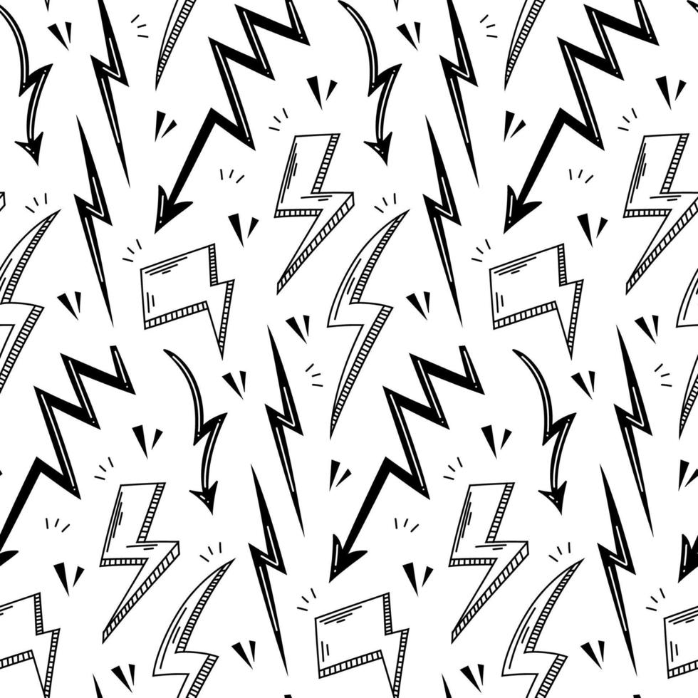 Thunder background. Lightnings vector seamless pattern in doodle style on white background