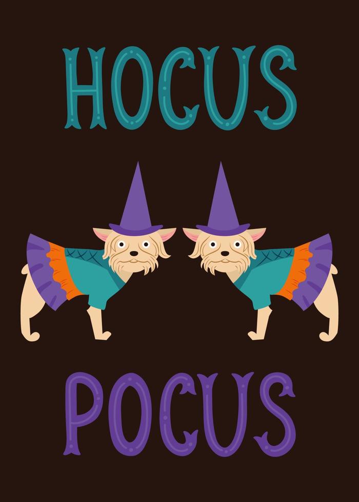 diseño de tarjeta de halloween con perro disfrazado de bruja con ilustración de vector de hocus pocus lwttering