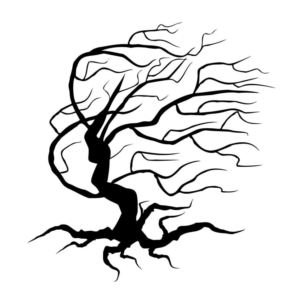 Ilustración de vector de silueta de árbol espeluznante. planta negra de halloween aislada sobre fondo blanco.