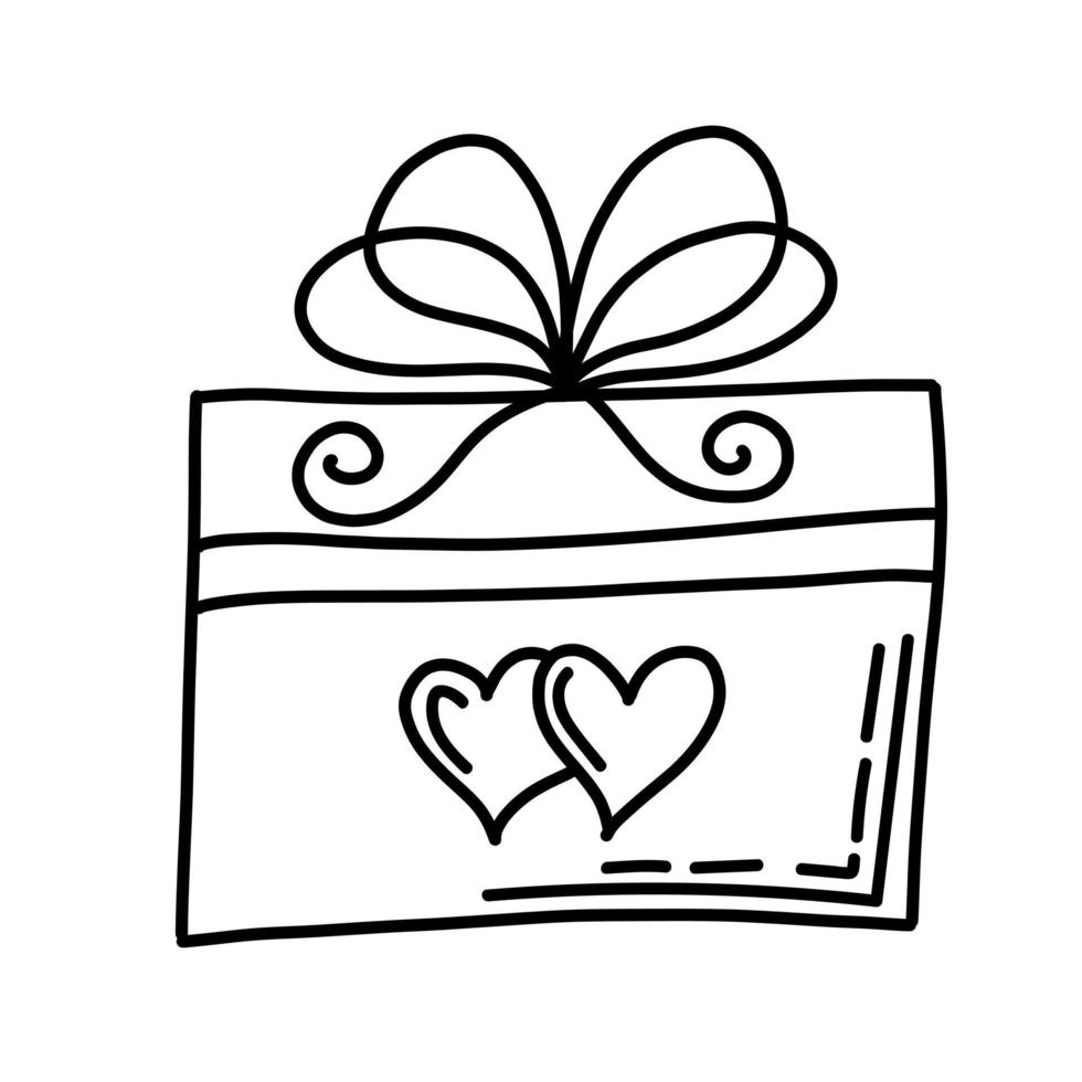 Gift box with hearts and ribbon and bow isolated on white. Hand drawn in doodle style. vector