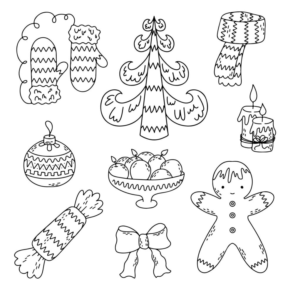 Set of New Year and Christmas elements in hand drawn doodle style. Candy, fir tree, mittens, illustrations with holly berries, gifts, Christmas tree. vector