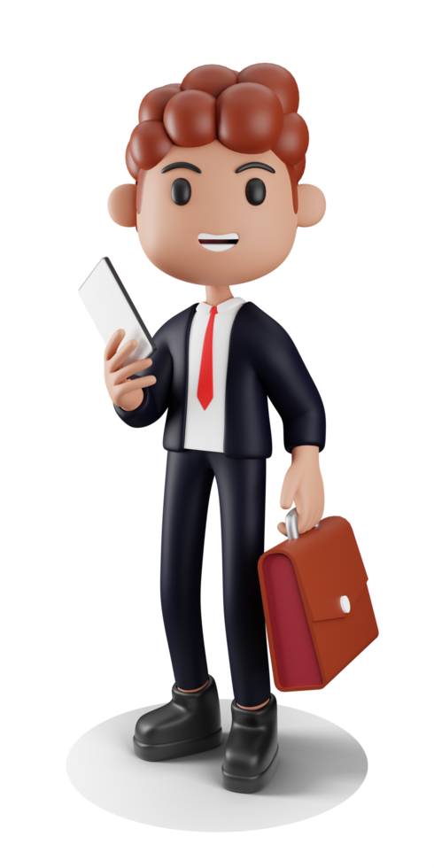 3d Businessman holding phone and briefcase png