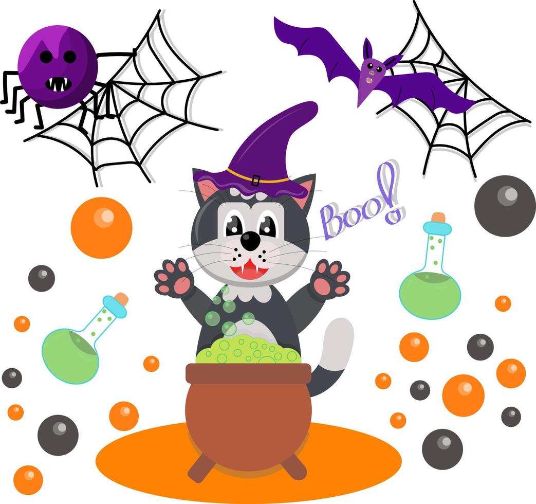 The cat is preparing a potion. Halloween. Spiders and bats, vial of potion. Vector flat illustration.