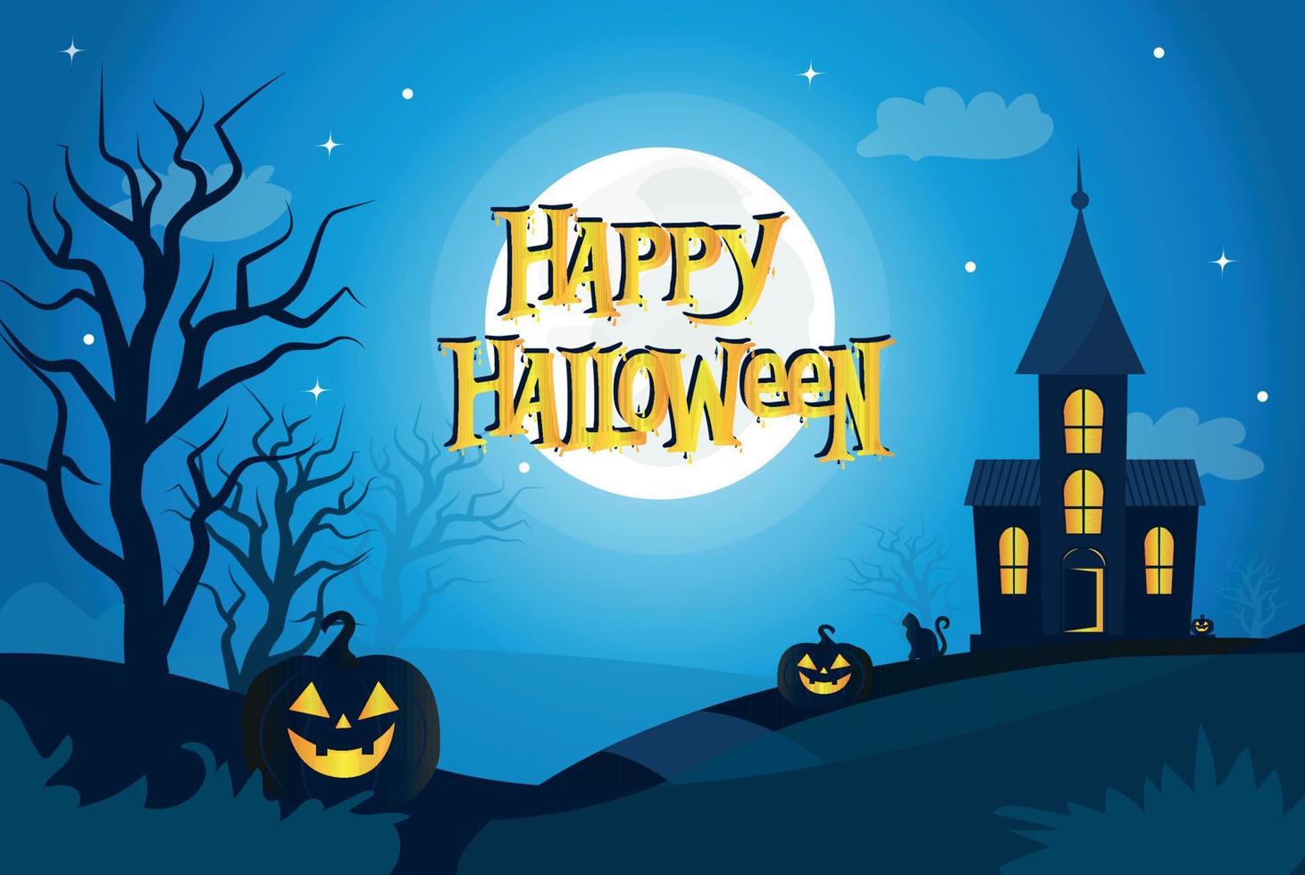 Halloween background with haunted house, full moon, pumpkins and trees vector