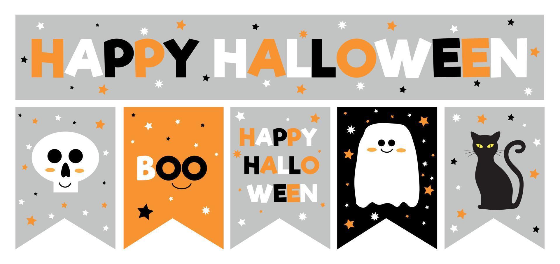 divertida guirnalda vectorial dibujada a mano para halloween. calavera blanca y fantasma, gato negro vector