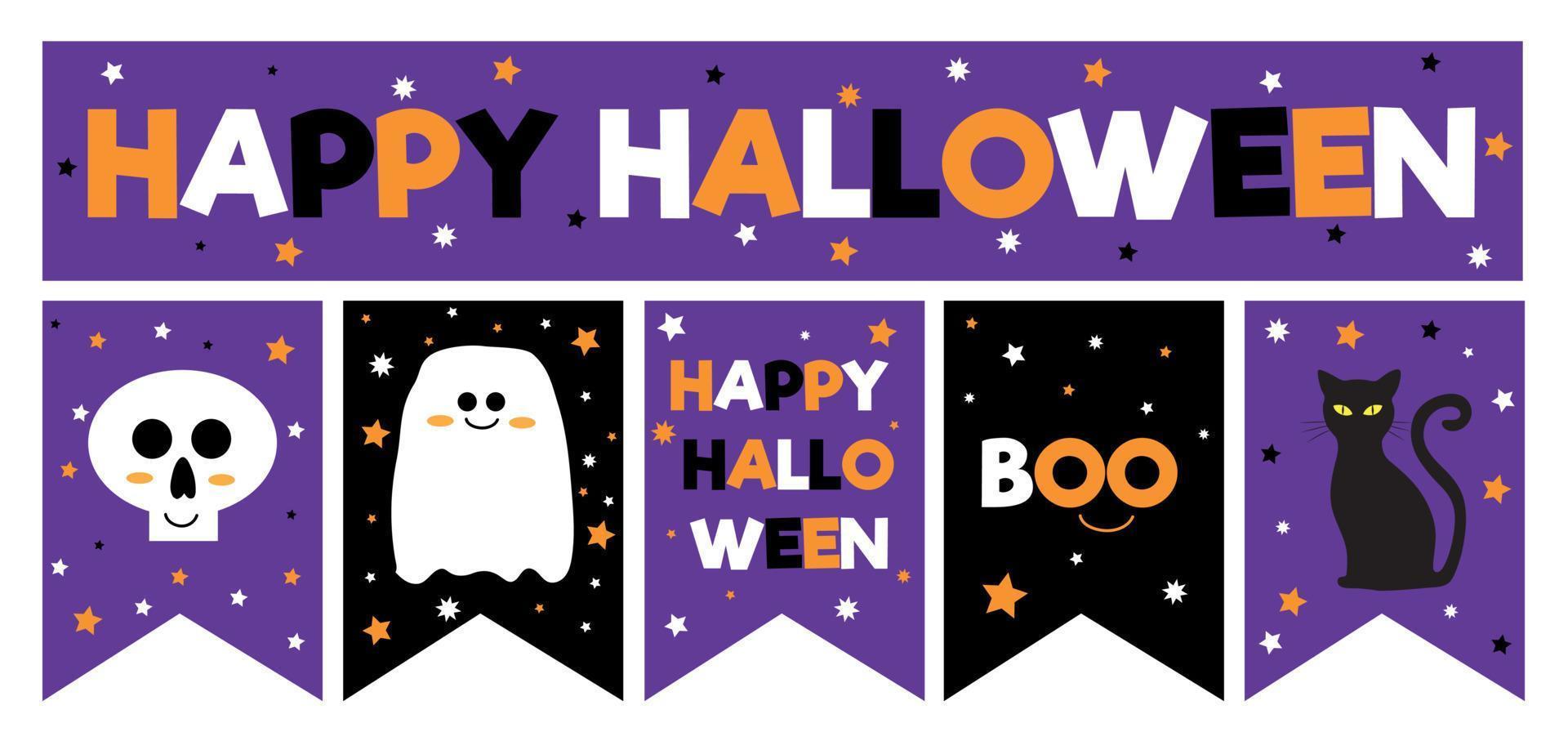 Funny hand-drawn vector garland for Halloween. White skull and ghost, black cat