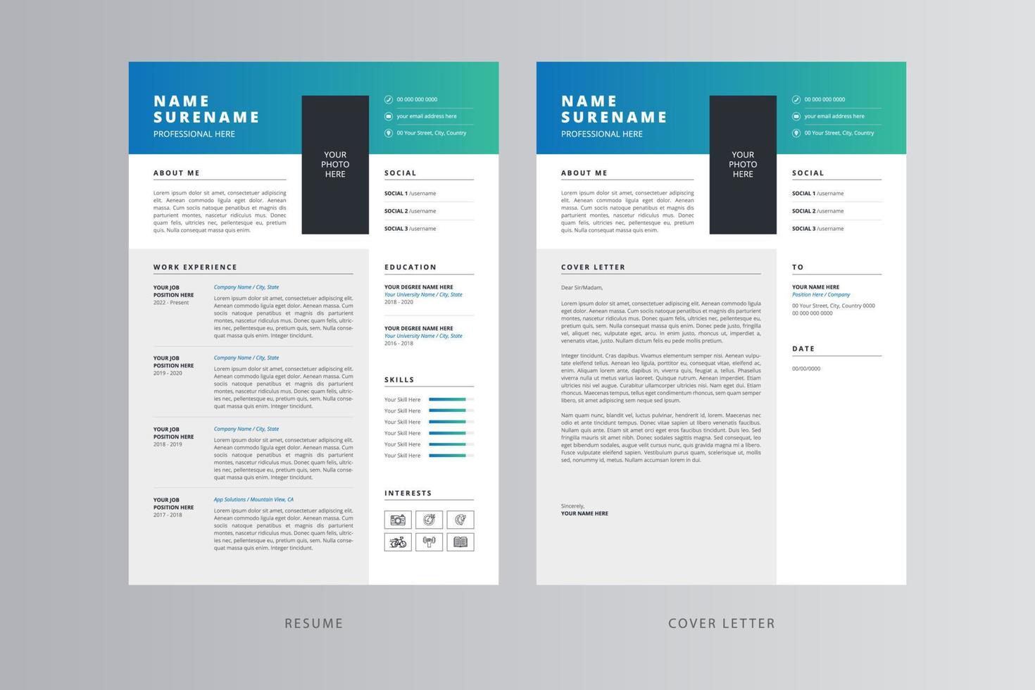 Professional Resume or CV and Cover Letter Template vector