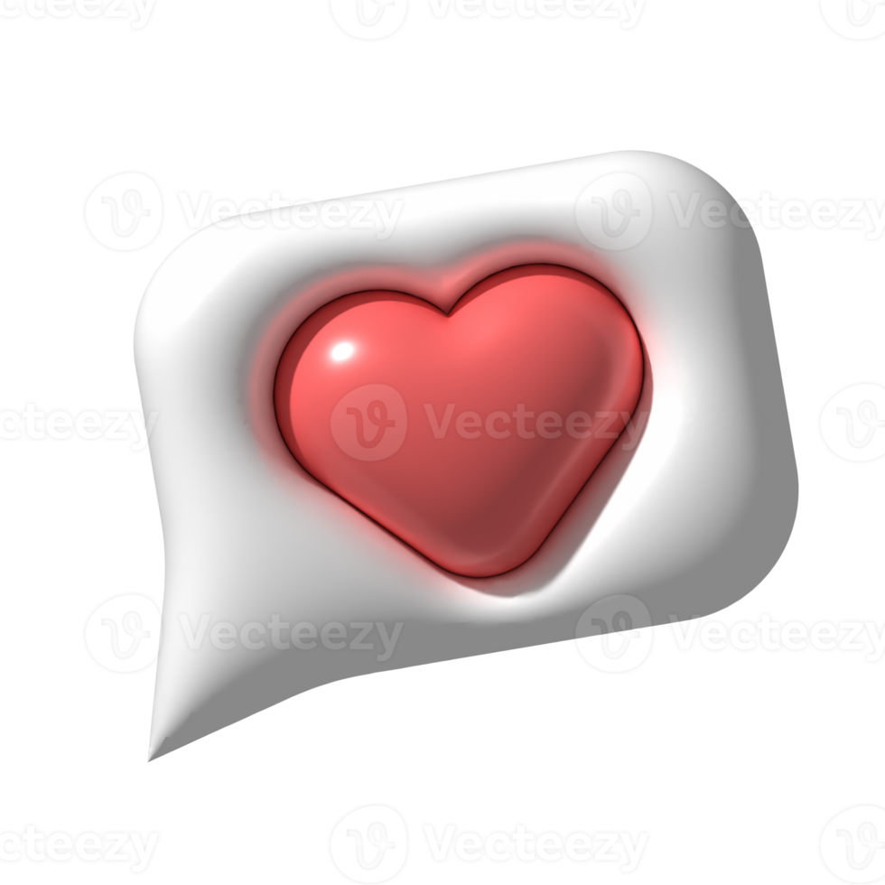 bolha do discurso do coração 3D. amo o ícone de notificação de mídia social png