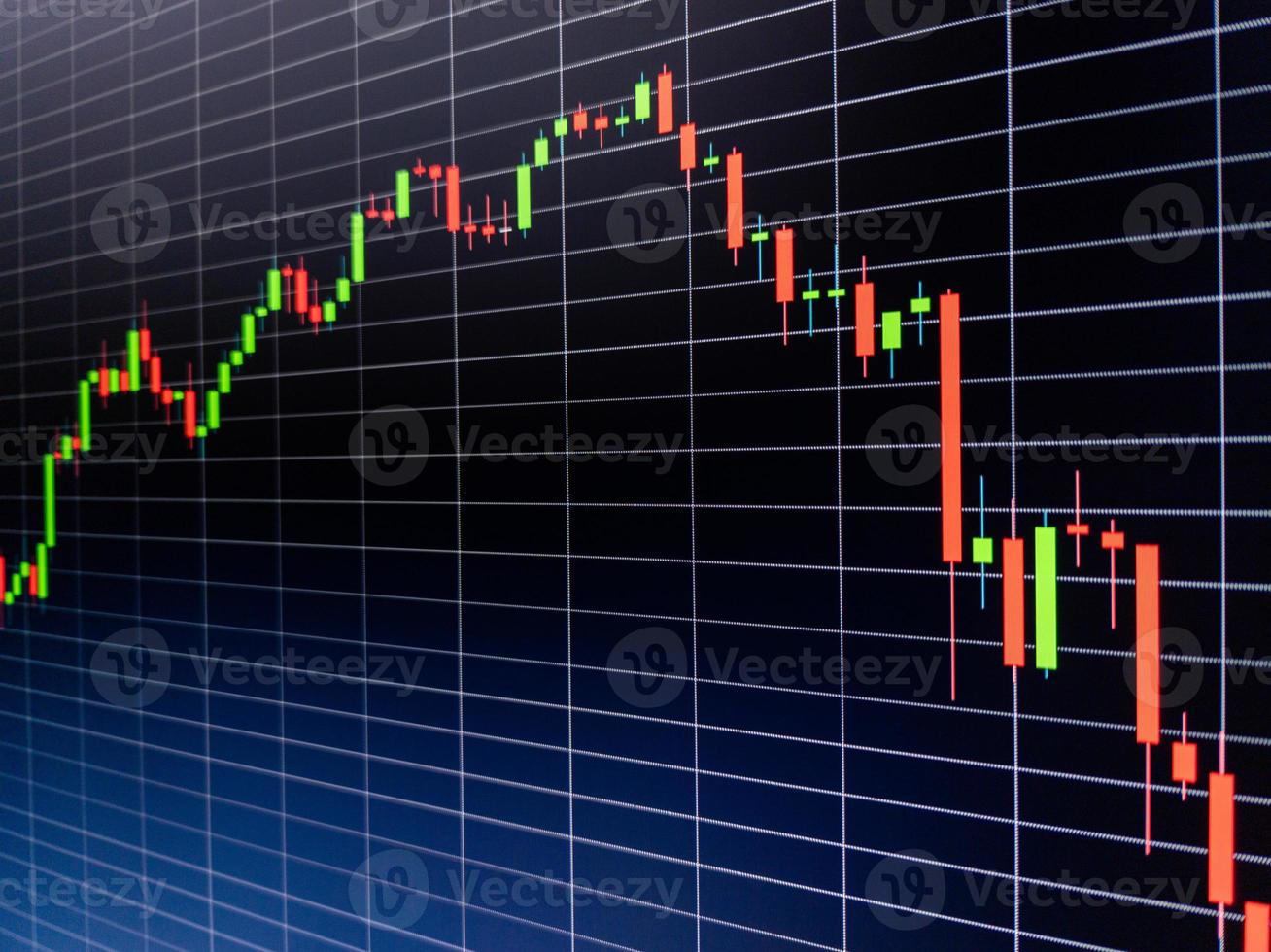 Abstract candlestick chart on dark blue digital screen. Stock market data chart, graph with rectangular grid on blue background. photo