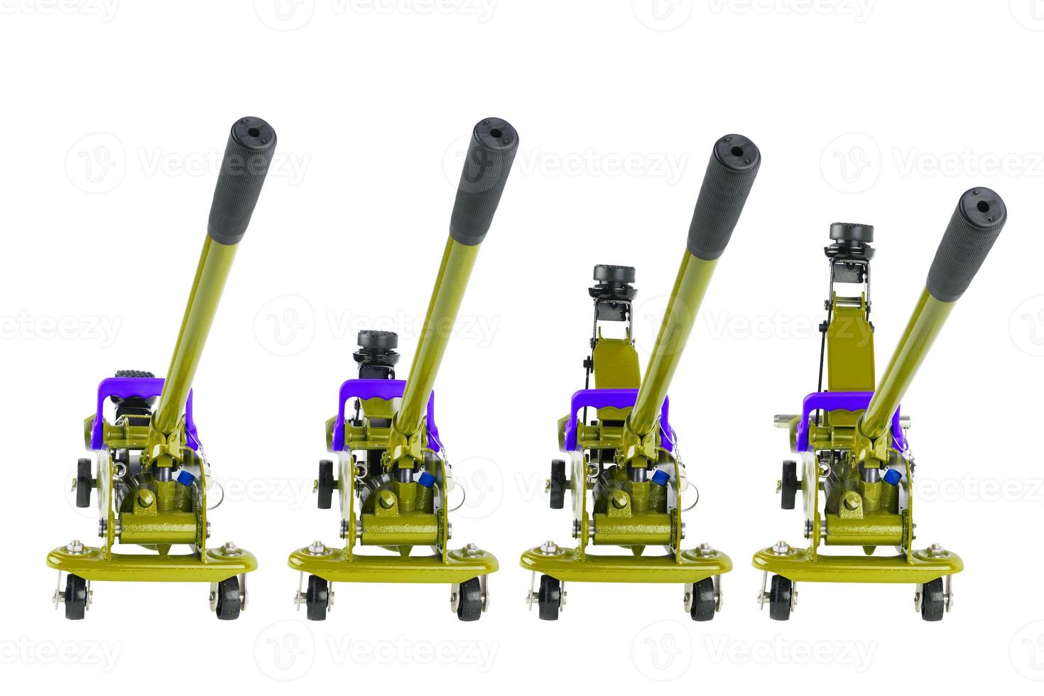 set of isolated yellow hydraulic car jacks on white background raised in different heights photo