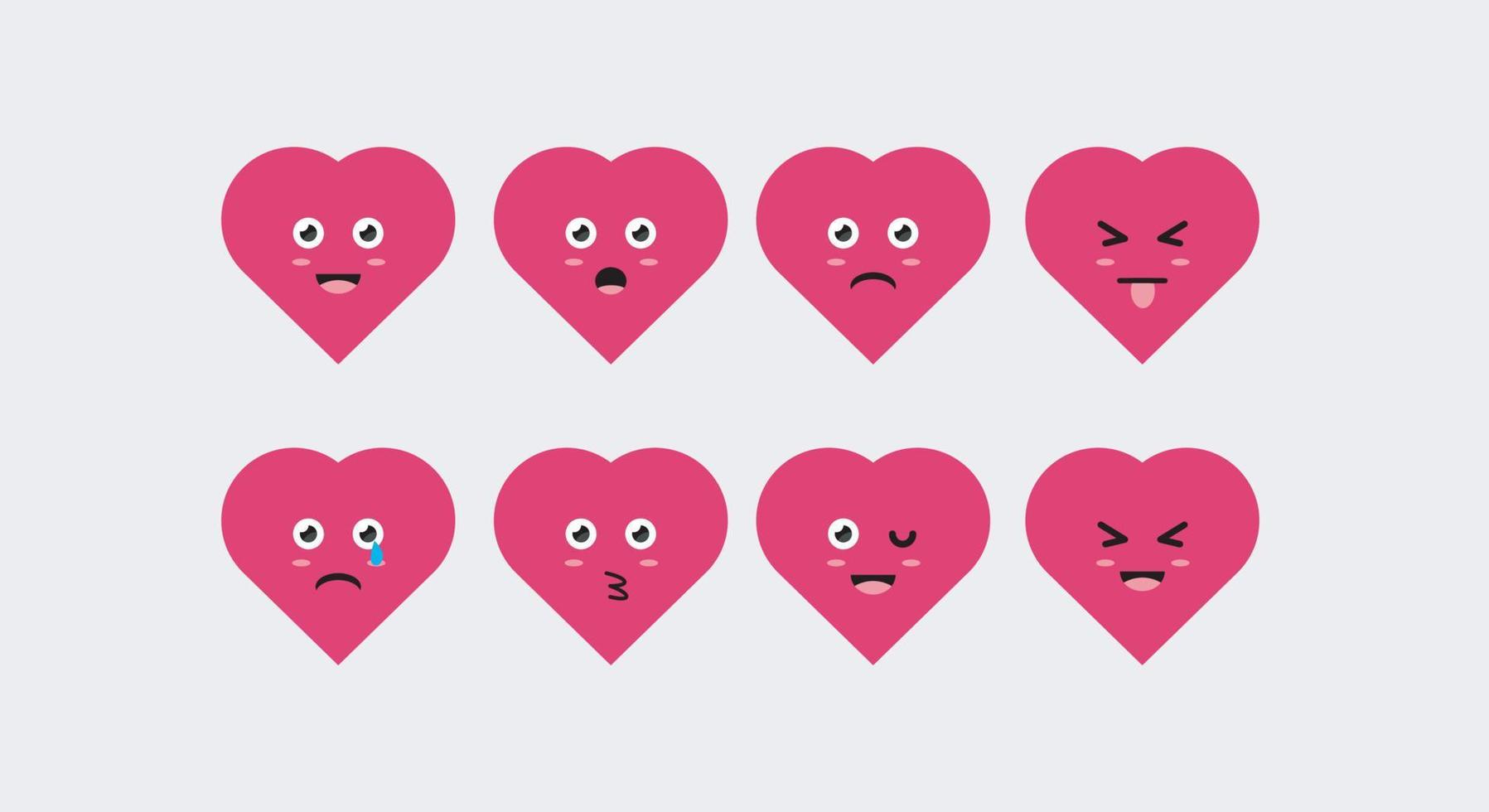 cartoon heart face. Expressive eyes and mouth, smiling, crying, happy and annoyed face characters. Emotion comic caricature or doodle emoticon. vector graphic illustration.