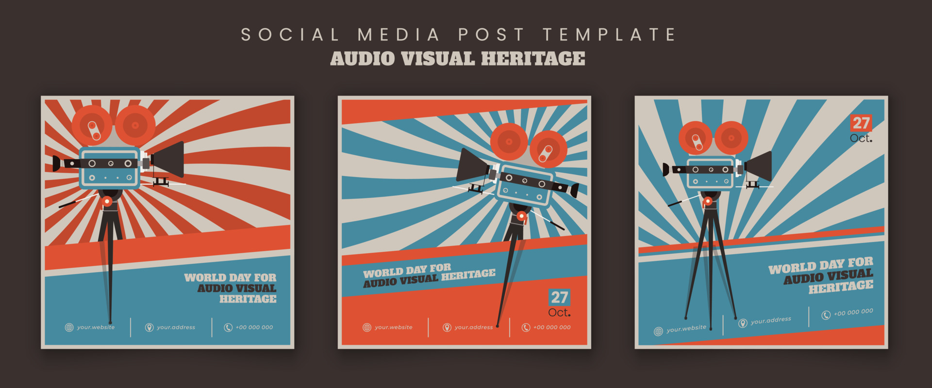 Social media post template with flat video camera design in retro blue