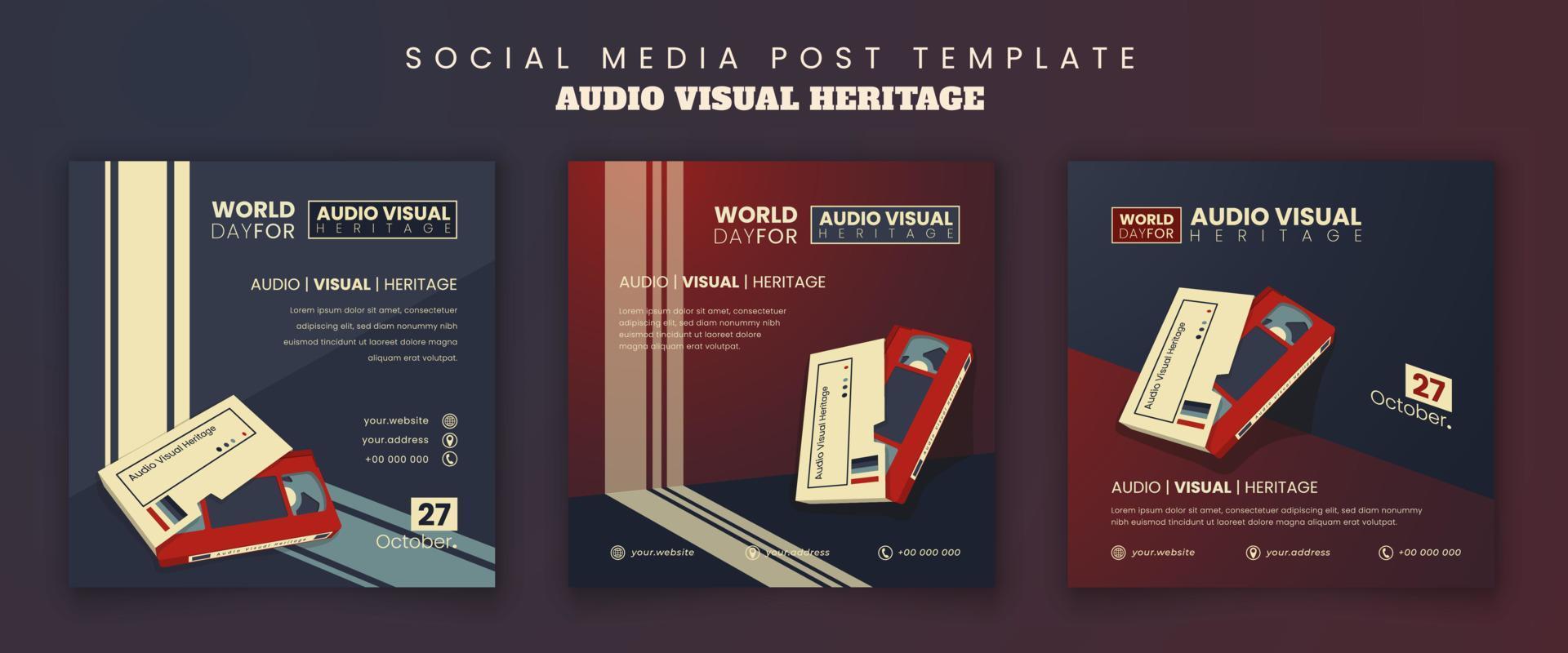 Social media post template in vintage red and blue background with old video cassette design vector