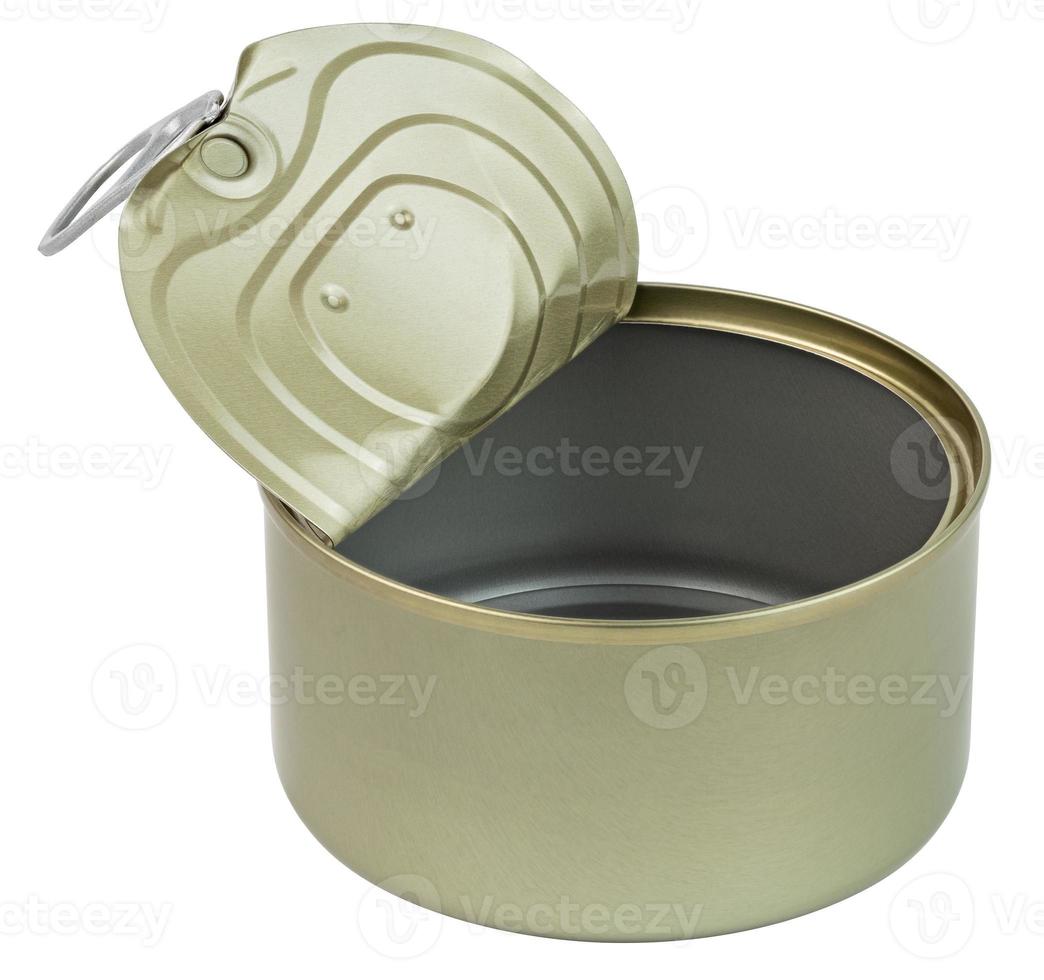 opened clean tin can with pull tab ring, bended lid and empty - isolated on white photo