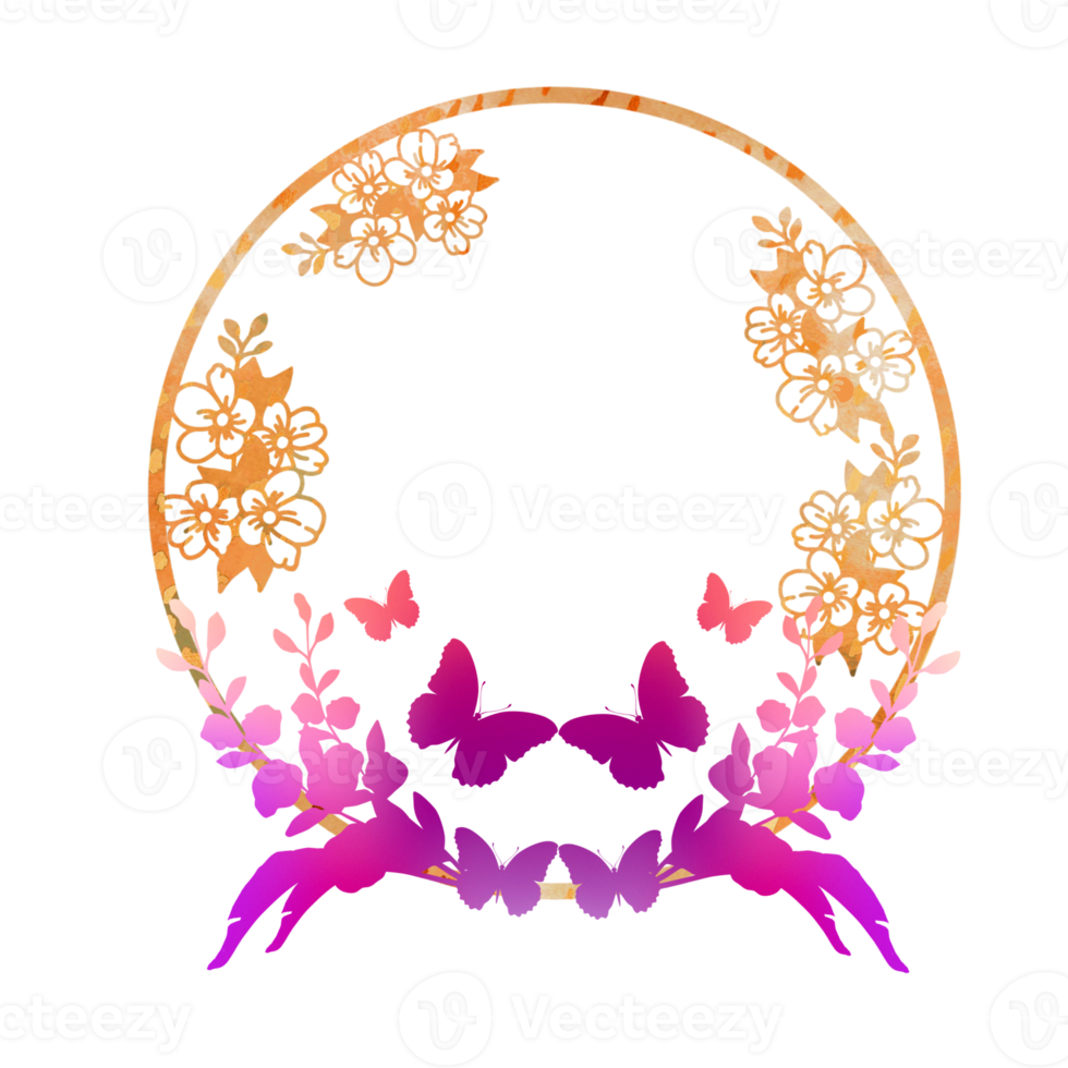 Wreath of flowers. butterflies. Orange, pink, purple, violet colours. png