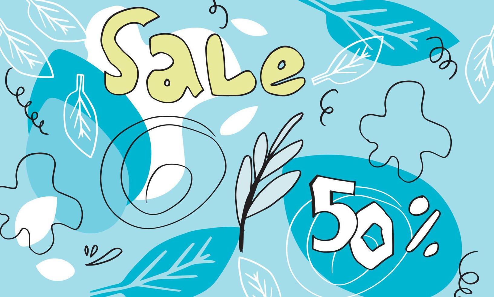 Summer sale banner template with writing 50 discount. An abstract summer with palm leaves and hibiscus flowers. Tropical background. Promo badge for your seasonal designs. vector