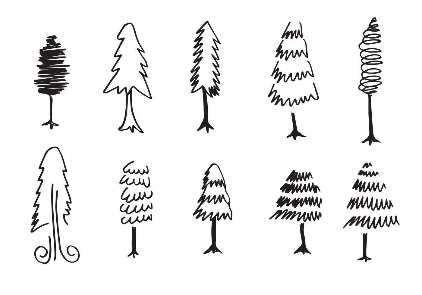 doodle park forest conifer siluetas abstractas árboles delineados en conjunto de colección de color negro vector
