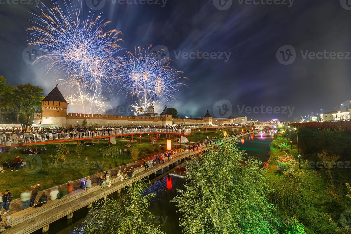 summer night fireworks above the kremlin at end of day of the city in Tula, Russia photo