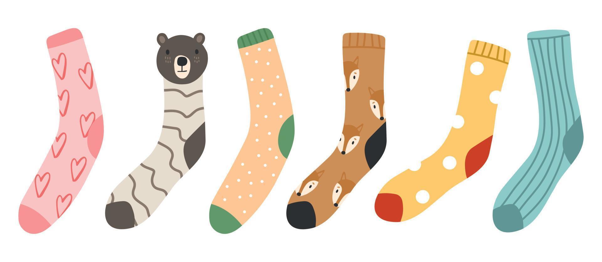 Set, collection of colorful socks icons with different ornaments isolated on white background. vector