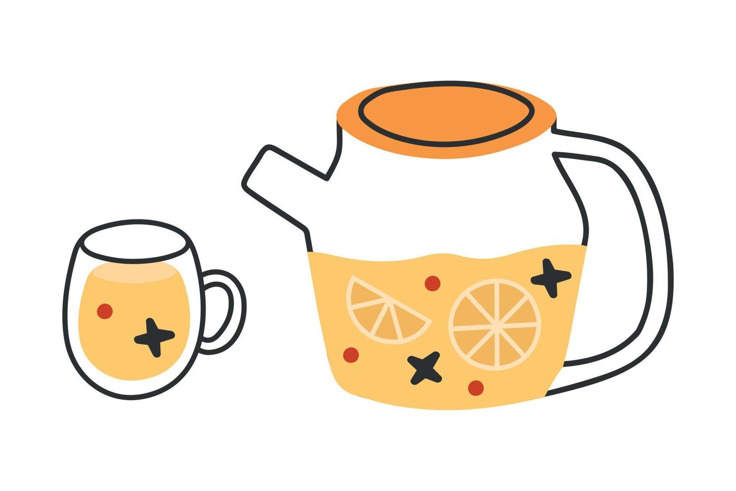 Glass Teapot and cup with tea isolated in white background. Tea with cloves, berries and lemon. vector