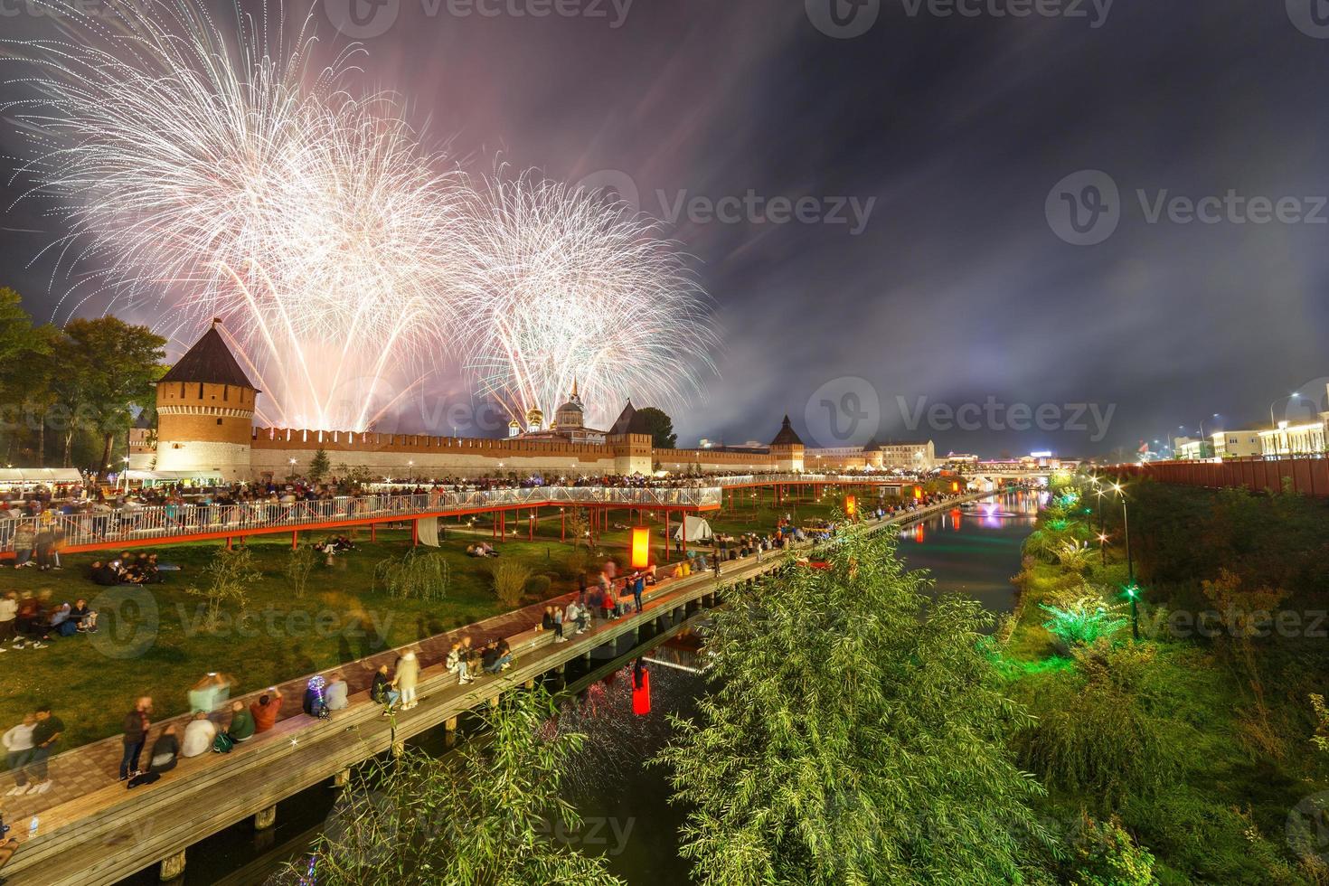 summer night fireworks above the kremlin at end of day of the city in Tula, Russia photo