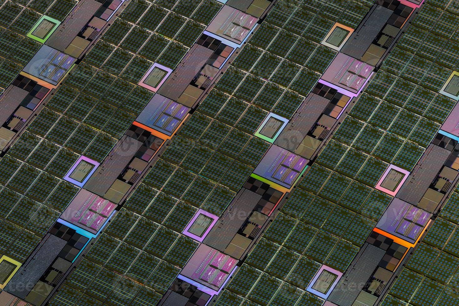 Silicon wafer with microchips used in electronics for the fabrication of integrated circuits. Full-frame high-tech macro background. photo