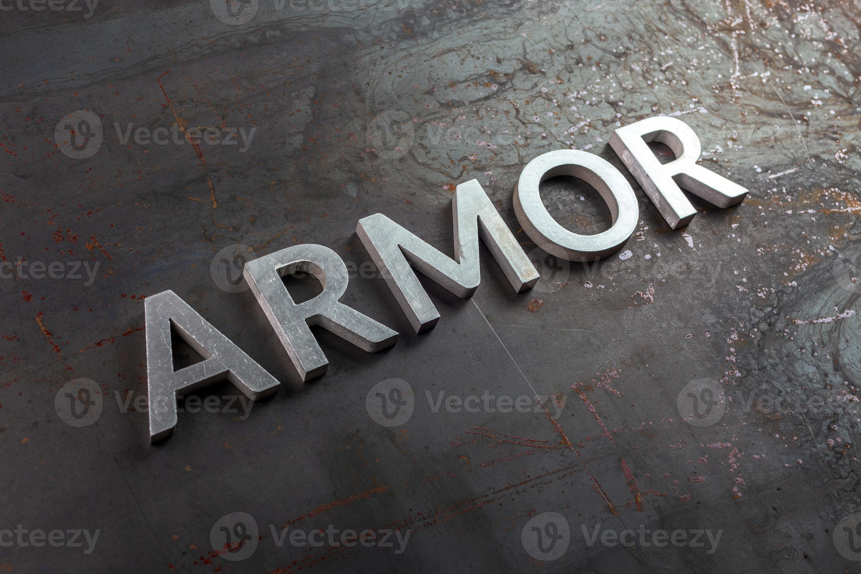 the word armor laid with silver metal letters on rusted iron flat surface background 12630163