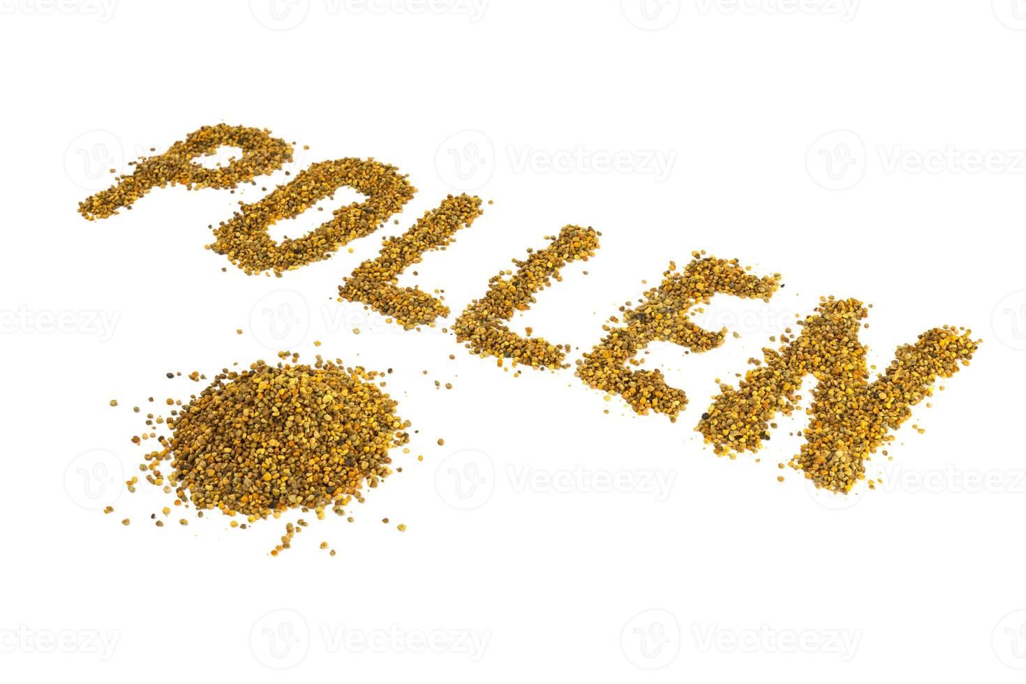 the word pollen laid with yellow pollen grain on white background with diagonal perspective photo