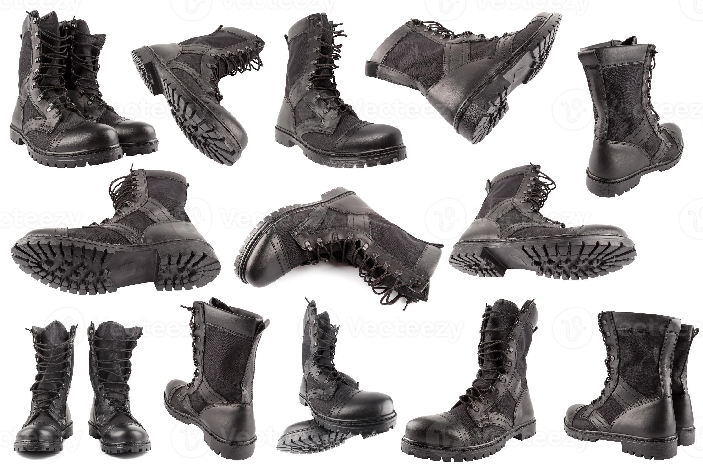 set of new black lightweight military boots isolated on white