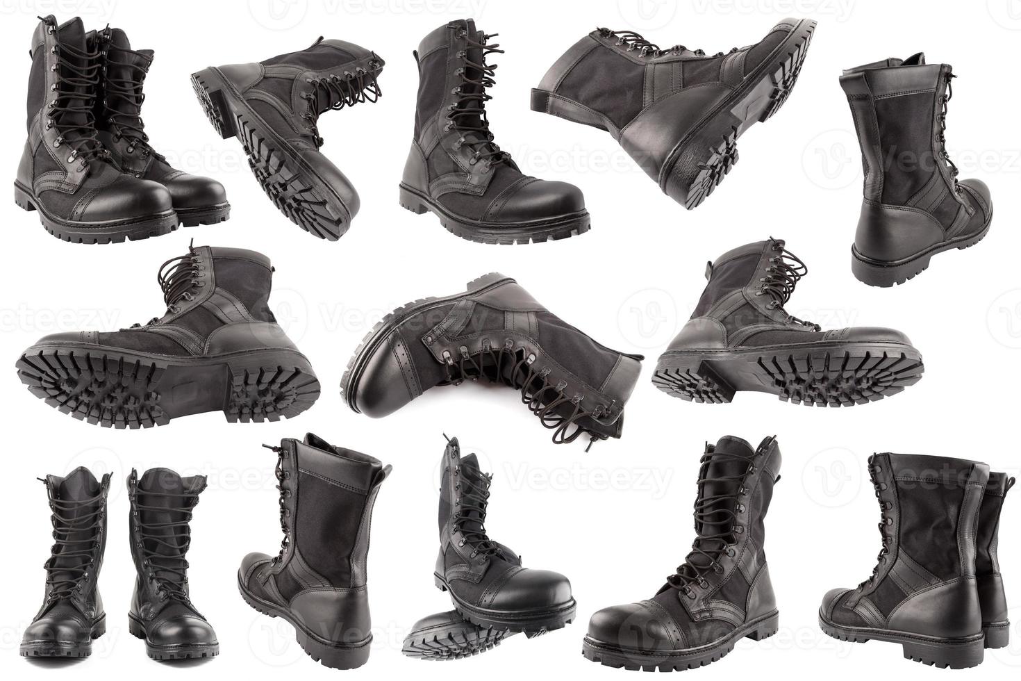set of new black lightweight military boots isolated on white