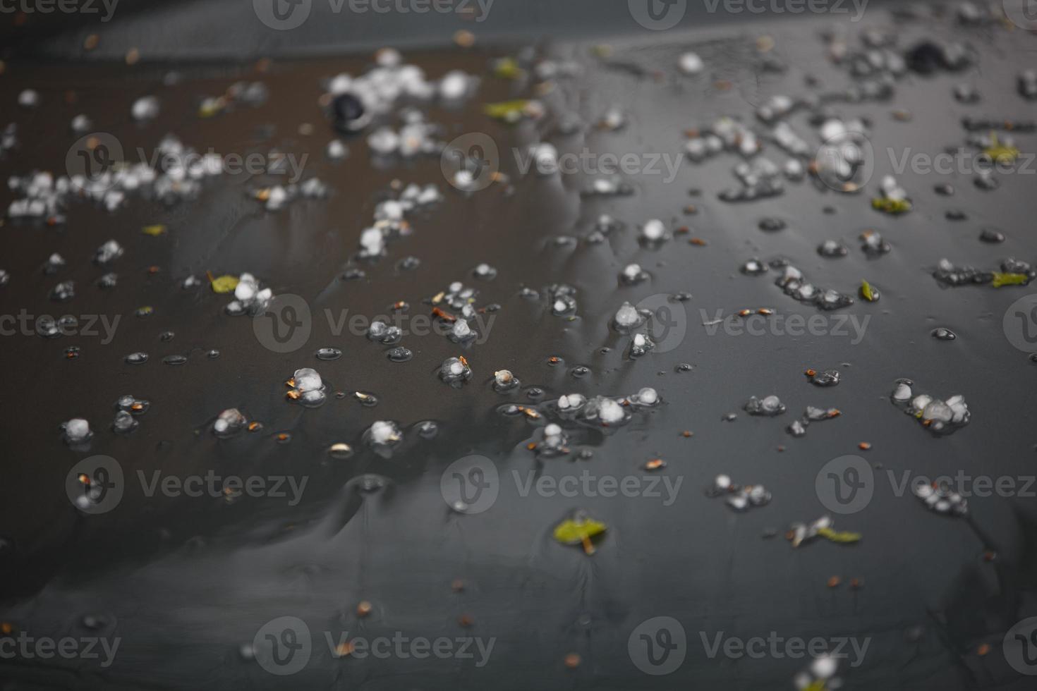 small hail ice balls on black car bonnet after summer storm photo