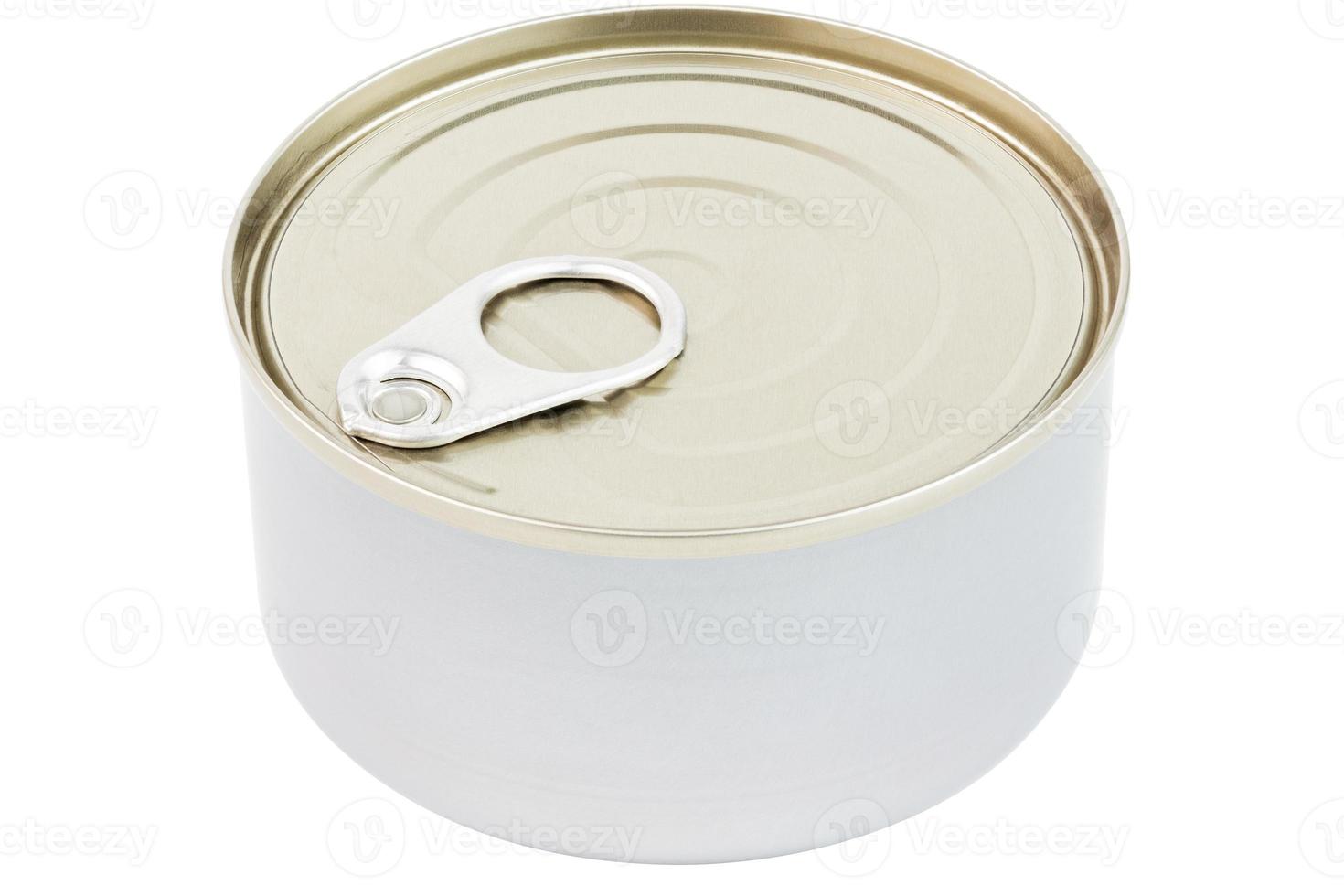 closed tin can with pull tab ring lid opener isolated on white background photo