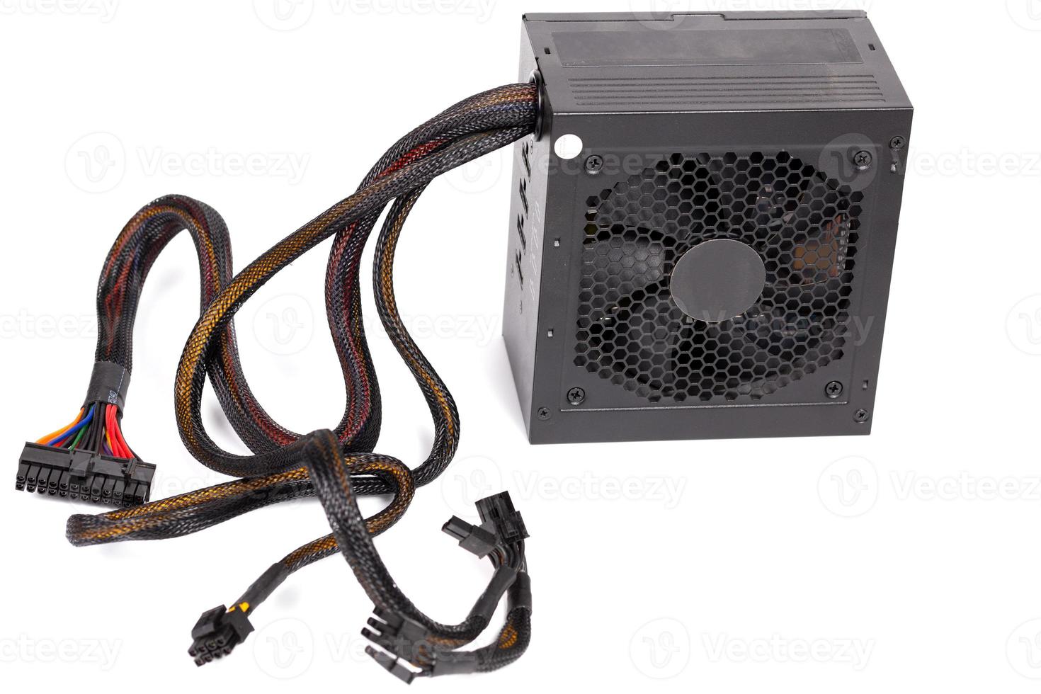 pc atx half-modular power supply isolated on white background with selective focus photo