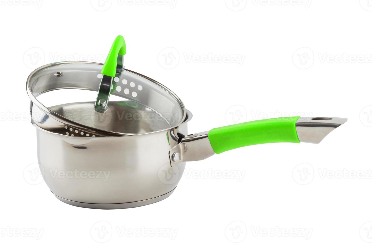 small shiny stainless steel pot with green handle and glass lid - isolated on white photo