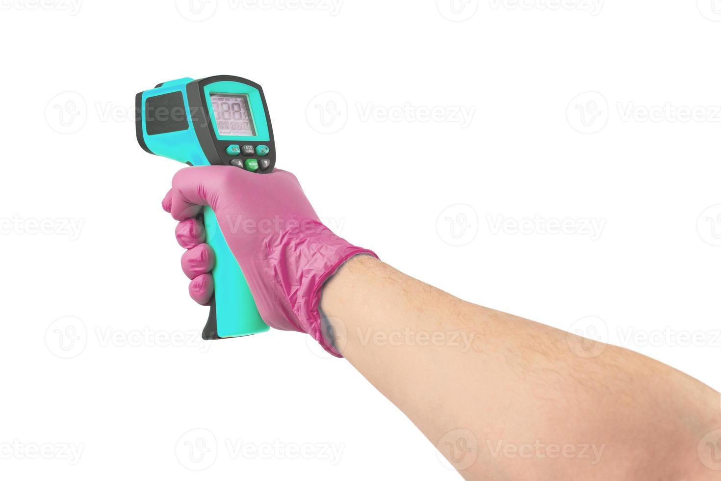 hand in purple medical latex glove aiming with infrared contactless thermometer isolated on white background, mockup display state with all on photo